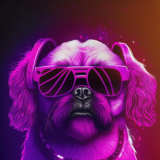 Cachorro legal de festa neon em óculos de sol Generative AI Não baseado em nenhuma cena real