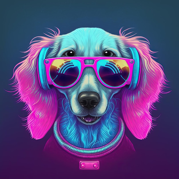 Cachorro legal de festa neon em óculos de sol Generative AI Não baseado em nenhuma cena real