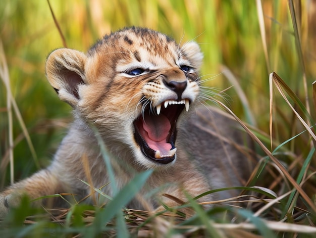 Un cachorro de león bebé está en la hierba con la boca abierta.
