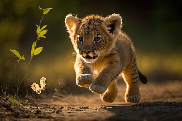 Cachorro de león juguetón persiguiendo mariposas en un bosque soleado IA generativa