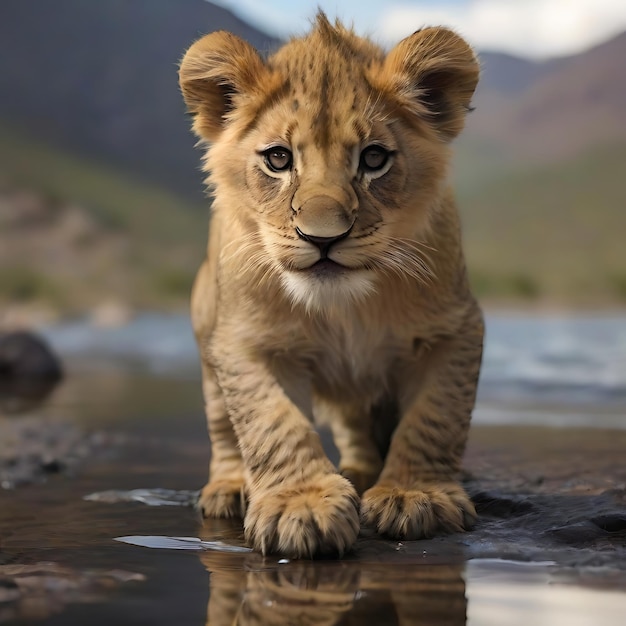 Un cachorro de león mirando el reflejo de un león adulto en el agua.