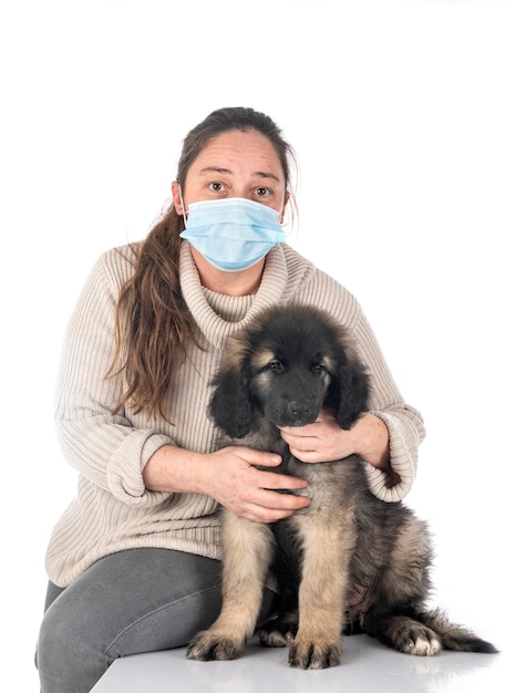 Cachorro Leonberger y mujer