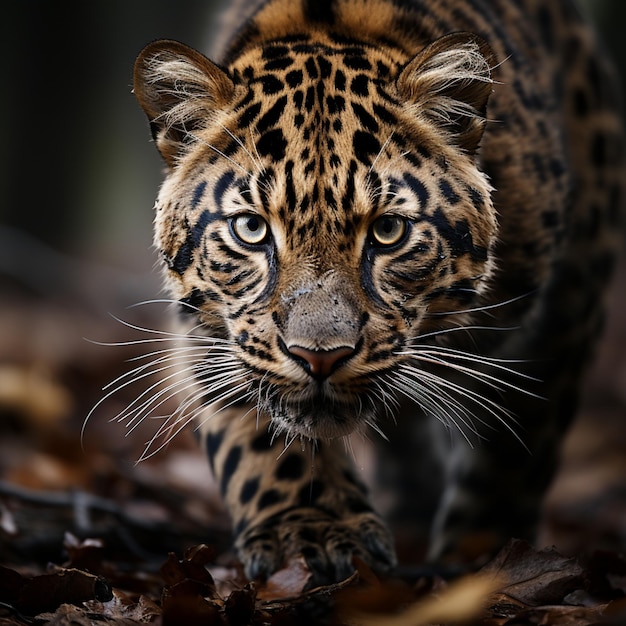 Foto un cachorro de leopardo está caminando sobre las hojas y está buscando comida.