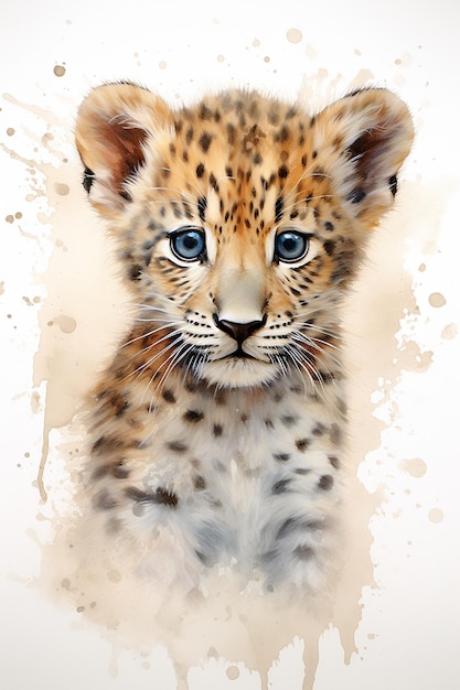 un cachorro de leopardo se muestra en una pintura de acuarela.