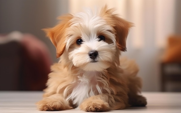 Cachorro lindo sentado y mirando fijamente a la cámara