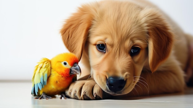 cachorro y un loro sobre un fondo blanco