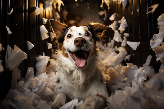 cachorro louco e feliz fazendo bagunça em casa