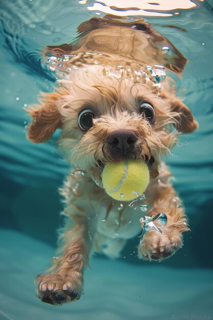 Un cachorro lúdico recogiendo una pelota de tenis bajo el agua