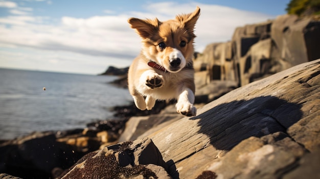 Foto un cachorro de lundehund noruego saltando sobre rocas en un acantilado costero