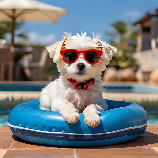 Foto cachorro maltês deitado em uma cama inflável na piscina com óculos de sol na cabeça gerado por ia