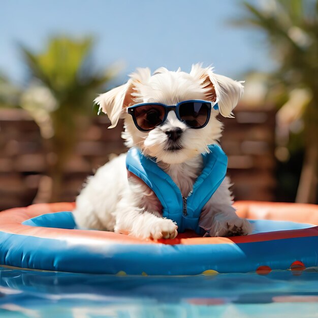 Cachorro maltês deitado em uma cama inflável na piscina com óculos de sol na cabeça gerado por IA