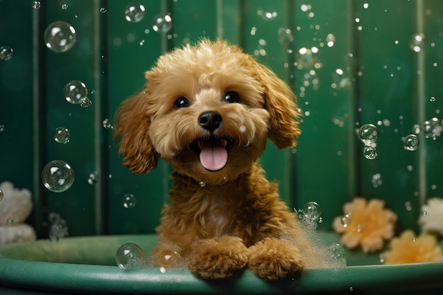 Cachorro Maltipoo está tomando banho com espuma e bolhas geradas ai