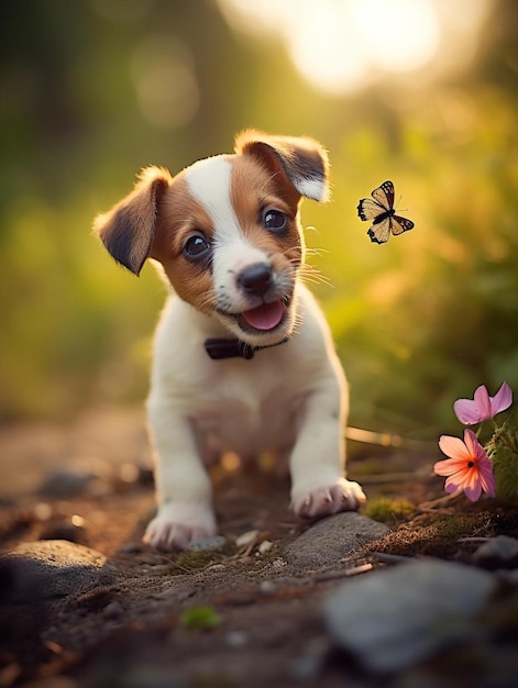 un cachorro con una mariposa en la nariz y una mariposa al fondo