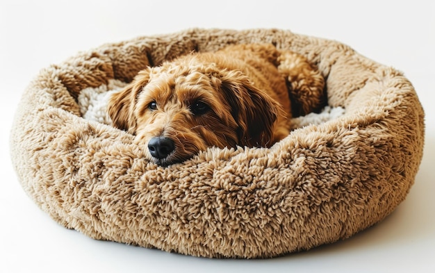 Foto cachorro marrom descansando na cama de cachorro