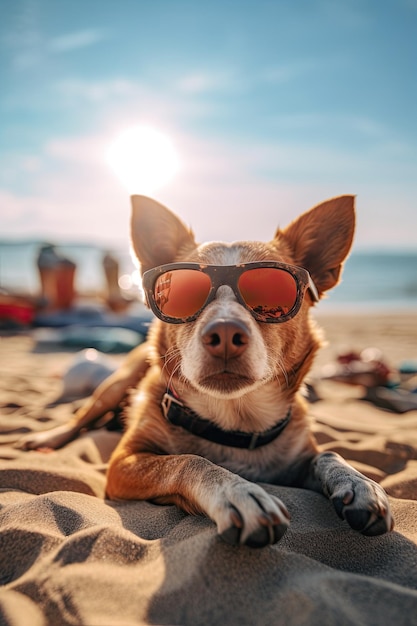 Cachorro marrom e branco na praia usando óculos escuros com óculos marrons