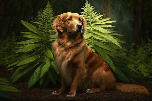 Cachorro marrom Golden Retriever sentado ao lado da árvore de maconha verde Atirando lá fora