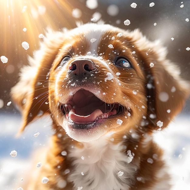 Cachorro marrón y blanco sonríe en la nieve IA generativa