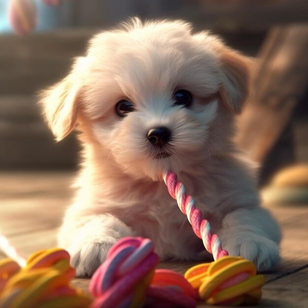 Foto cachorro masticando un bastón de caramelo con un ai generativo de palo rayado de colores