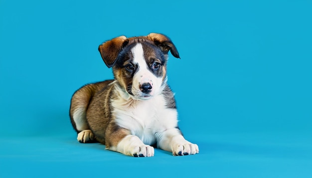 Cachorro mestizo sobre fondo azul con espacio de copia