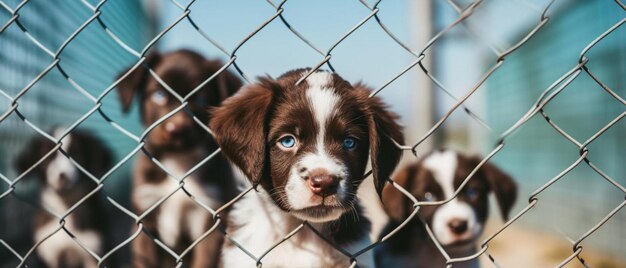 Foto un cachorro mirando a través de una valla con un ojo azul