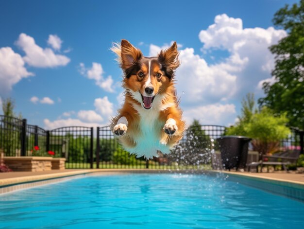 Cachorro molhado e alegre pulando em uma piscina em um dia quente de verão