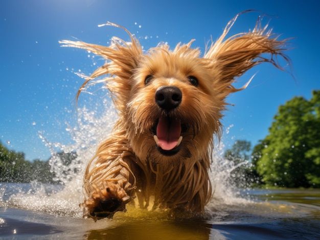 Cachorro molhado e alegre pulando em uma piscina em um dia quente de verão