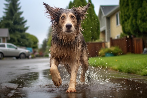 Cachorro molhado sacudindo a água depois de brincar na chuva criado com IA generativa