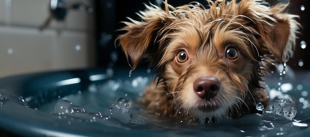 Foto cachorro molhado toma banho na banheira generative ai