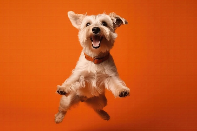 Cachorro muito feliz e alegre pulando em voo em fundo laranja Corpo inteiro em estúdio de ângulo amplo Gerador de fotos AI