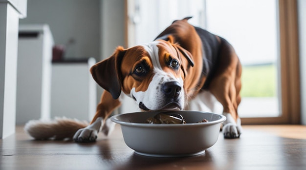 Cachorro na cozinha cachorro comendo de uma tigela em uma sala iluminada