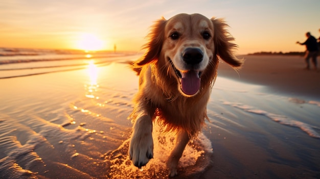 cachorro na praia ao pôr do sol