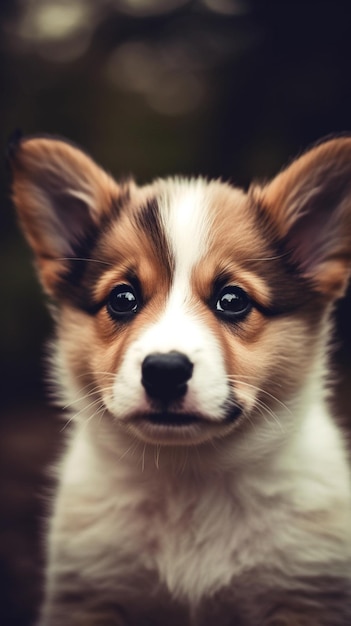 Un cachorro con nariz negra y nariz blanca mira hacia la cámara.