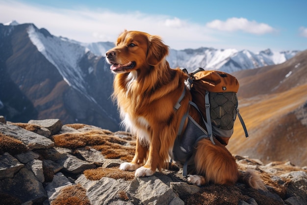 Cachorro nas montanhas com uma mochila