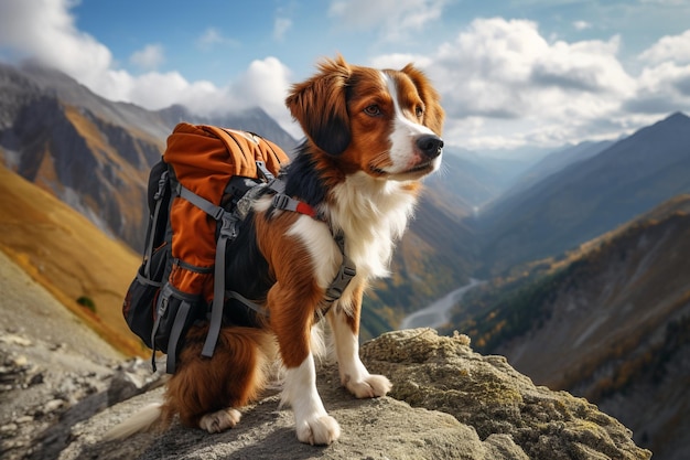 Cachorro nas montanhas com uma mochila