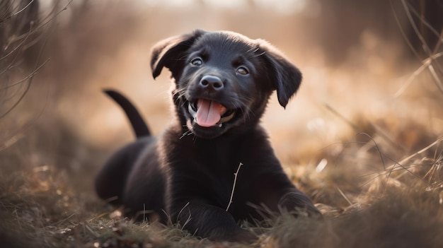 Cachorro negro feliz en la naturaleza IA generativa