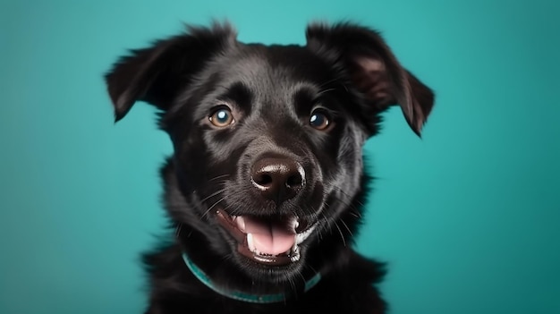 Cachorro negro feliz sonriendo sobre un fondo claro verde azul aislado