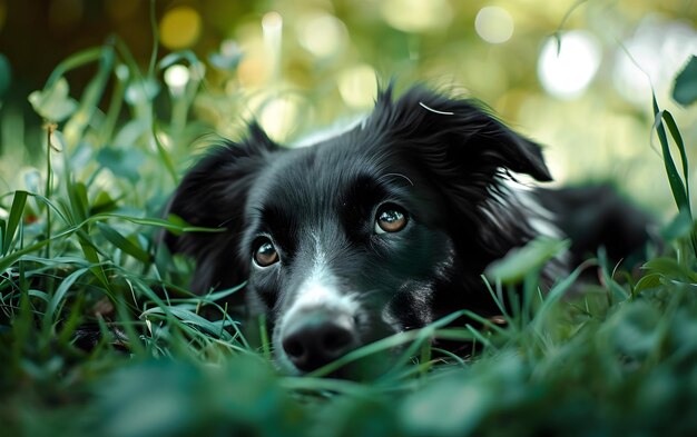 Foto cachorro negro mentindo sobre a grama