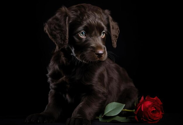 cachorro negro con rosa roja sobre fondo negro