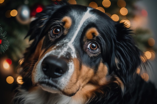 Cachorro no fundo de uma árvore de Natal com uma guirlanda na véspera de Natal