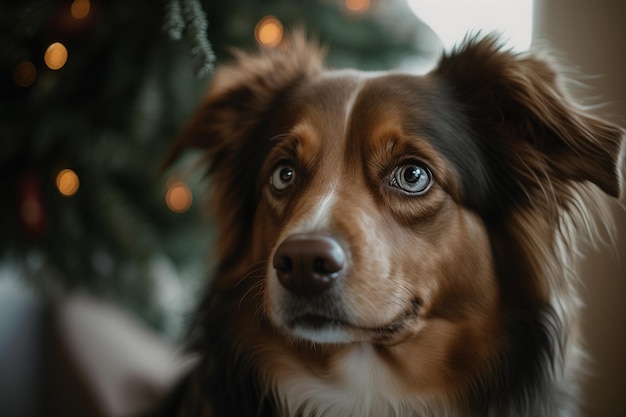 Cachorro no fundo de uma árvore de Natal com uma guirlanda Véspera de Natal gerada por IA