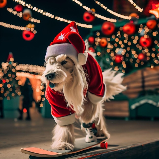 Cachorro no skate em uma estrada comemorando o festival de natal à noite