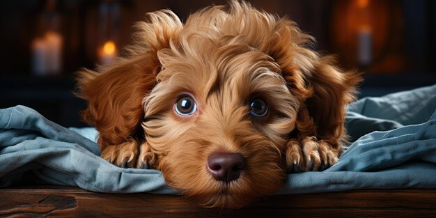 un cachorro con ojos azules mirando hacia arriba con una manta azul.