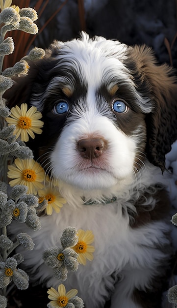 Un cachorro de ojos azules se sienta entre las flores.