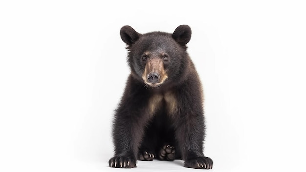 Un cachorro de oso negro se sienta sobre un fondo blanco.