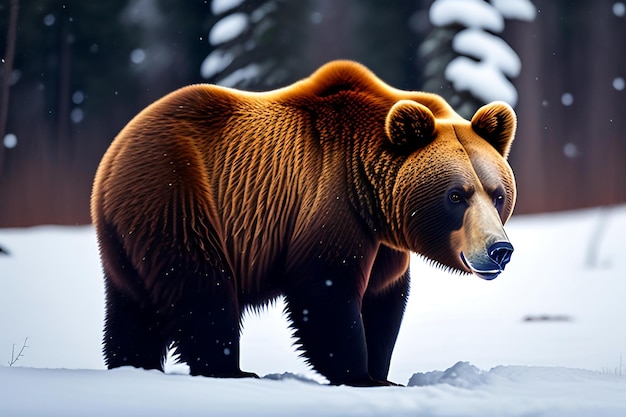 Cachorro de oso pardo en el bosque nevado Animal peligroso en el hábitat natural Escena de vida silvestre de grandes mamíferos