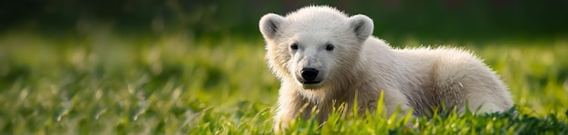 Cachorro de oso polar en el césped verde Panorama