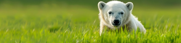 Cachorro de oso polar en el césped verde Panorama