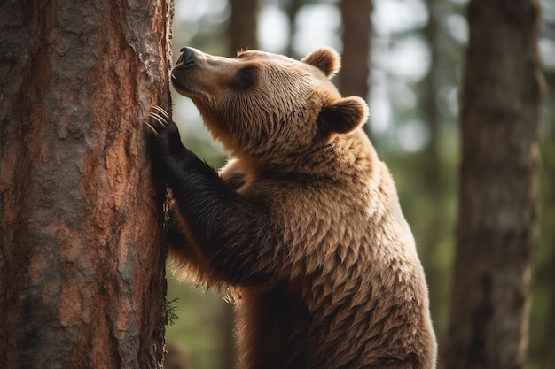 Un cachorro de oso se para en el tronco de un árbol en el bosque.