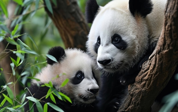 El cachorro de panda aprende a escalar bajo el ojo atento de su madre