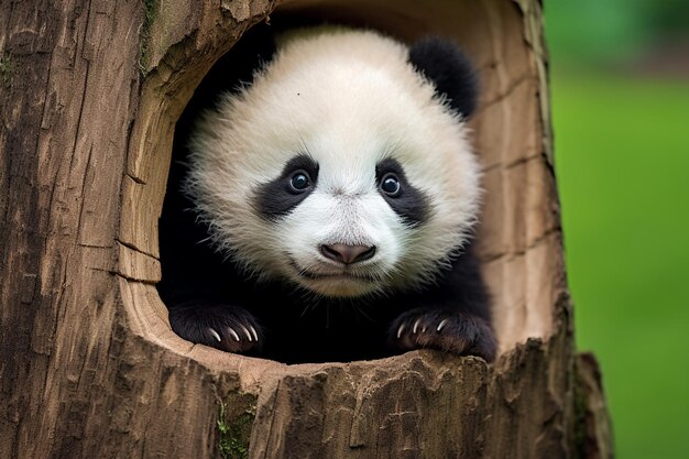 un cachorro de panda está mirando desde un agujero en un árbol
